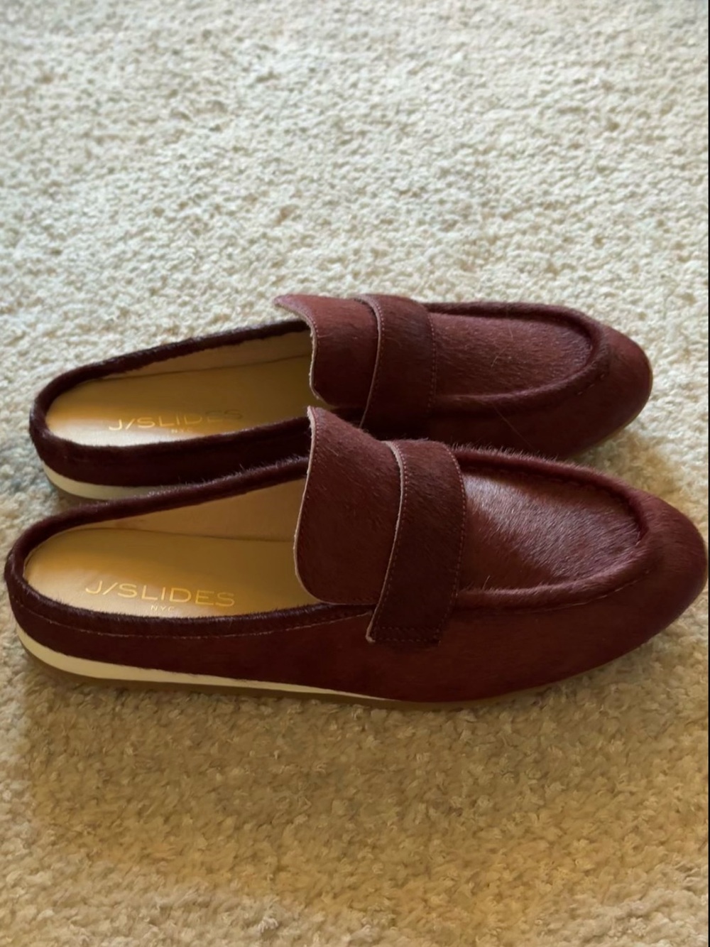 NEW J Slides Paula Geniune Calf Hair Mules in Burgundy - Picture 7 of 10